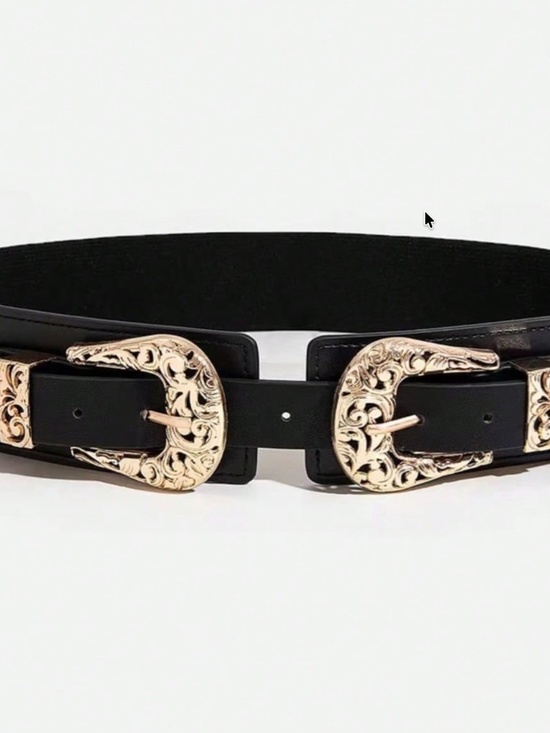 Western Vegan Leather Gold Tone Double Buckle Stretchy Wide Belt
